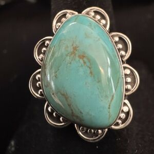 Kingman Turquoise Stone Statement Ring - Sterling Silver intricate Setting